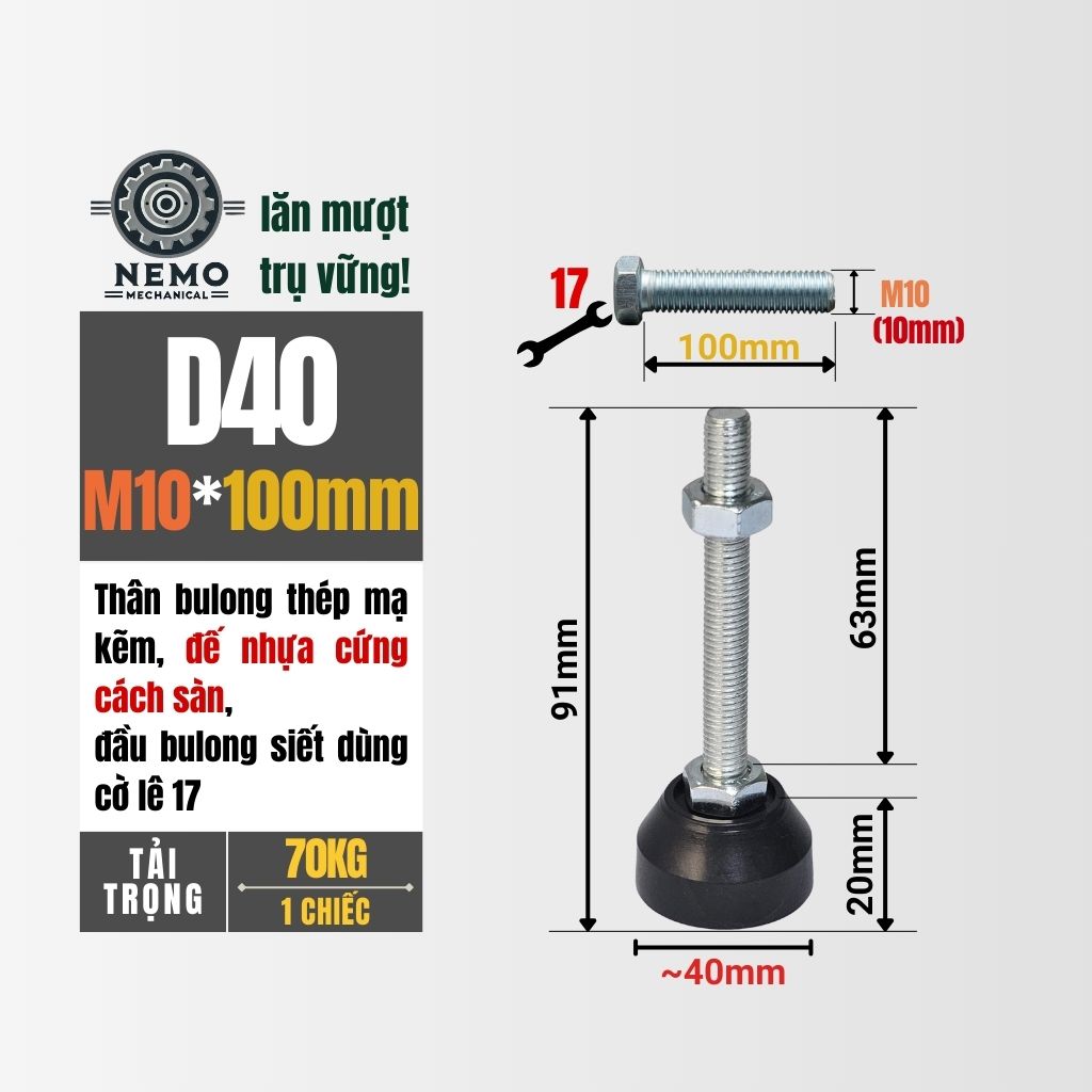 Chân Tăng Chỉnh Đế Nhựa Cứng – Giải Pháp Cân Bằng & Chống Rung (M10, M12, M16)